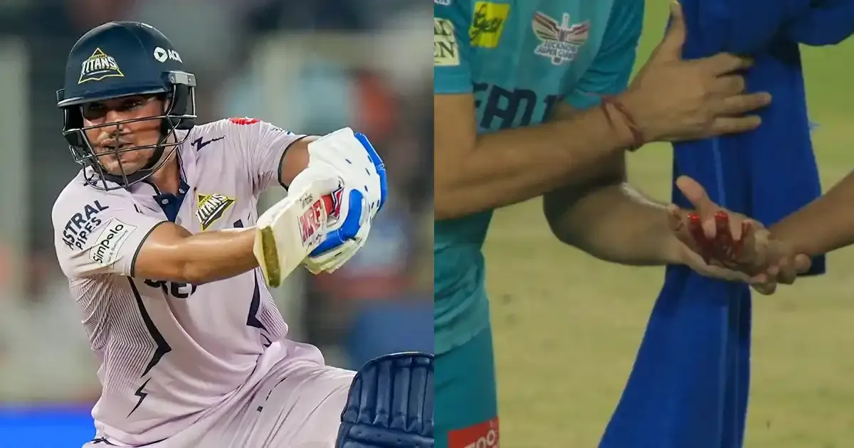 shubam gill s aggressive stroke leaves akash singh s hand bleeding during gt vs lsg game