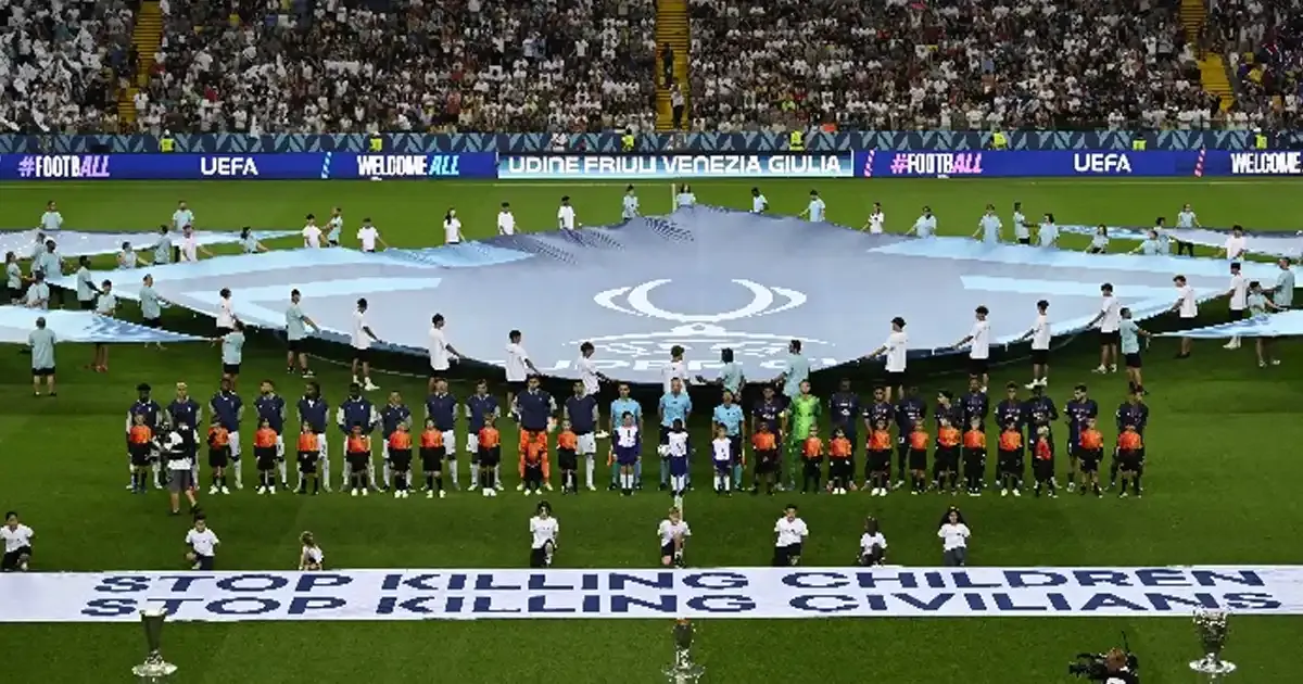 uefa displays stop killing children stop killing civilians banner during super cup final